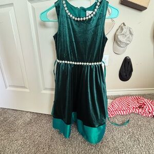 Emerald Green Velvet Dress with Pearl Accents